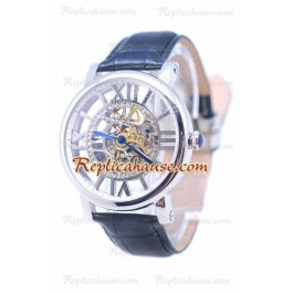 Cartier De Rotonde Skeleton Silver Montre Noir Leather