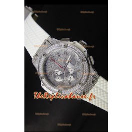 Montre Hublot Big Bang en acier inoxydable rose avec mouvement à quartz sur bracelet blanc