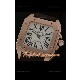 Cartier Santos 100 Swiss Replica Montre en Or rose - Cadran Blanc