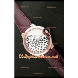 Ballon De Cartier Montre en Or Rose avec Cadran Léopard et Bracelet Marron
