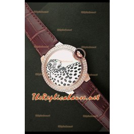 Ballon De Cartier Montre en Or Rose avec Cadran Léopard et Bracelet Marron