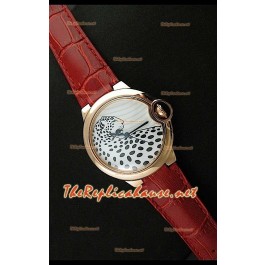 Ballon De Cartier Montre en Or Rose avec Cadran Léopard et Bracelet Rouge