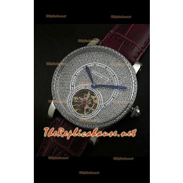 Cartier Calibre Tourbillon Montre avec Cadran de Diamants Bracelet Rouge
