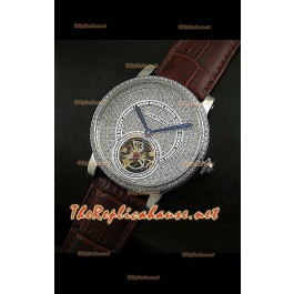 Cartier Calibre Tourbillon Montre avec Cadran de Diamants Bracelet Marron