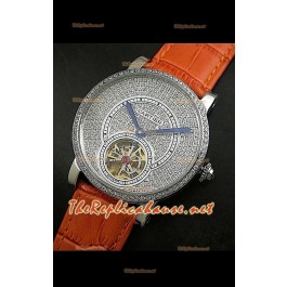 Cartier Calibre Tourbillon Montre avec Cadran de Diamants Bracelet Marron Clair