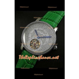 Cartier Calibre Tourbillon Montre avec Cadran de Diamants Bracelet Vert