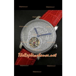 Cartier Calibre Tourbillon Montre avec Cadran de Diamants Bracelet Rouge