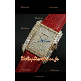 Cartier Tank Anglaise Reproduction Montre Pour Femmes avec Boitier en Or/Bracelet Rouge