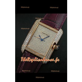 Cartier Tank Anglaise Reproduction Montre Pour Femmes avec Boitier en Or/Bracelet Bordeaux