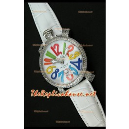GaGa Milano Manuale Japanese Montre Cadran Blanc Lunette de Diamants