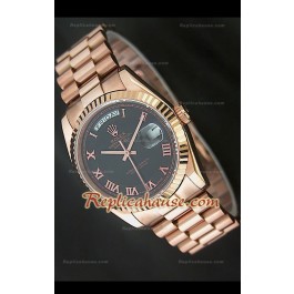 Rolex DayDate Swiss Replica Montre en Or Rose et Cadran Noir