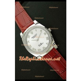 Rolex Cellini Japanese Quartz Replica Bracelet Cuir Lunette de Diamants Face Romaine Blanche