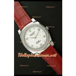 Rolex Cellini Japanese Quartz Replica Bracelet Cuir Lunette de Diamants Face Blanche