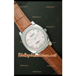 Rolex Cellini Japanese Quartz Replica Bracelet Cuir Lunette de Diamants Face Perle Rose