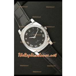 Rolex Cellini Japanese Quartz Replica Bracelet Cuir Lunette de Diamants Face Romaine Noire
