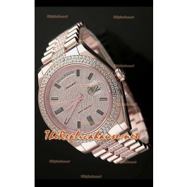 Rolex Day Date II Swiss Montre - 41 mm avec Lunette de Diamants Ronds et Or Rose 