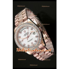 Rolex Day Date Swiss Replica Montre - Taille Moyenne 37 mm - Cadran Blanc Everose 