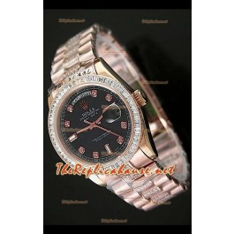 Rolex Day Date Swiss Replica Montre - Taille Moyenne 37 mm - Cadran Noir Everose 