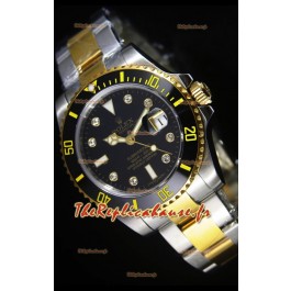 Montre suisse Rolex Submariner avec cadran noir et indicateurs des heures en diamant