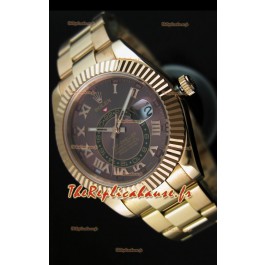 Montre en or jaune 18K Rolex Sky-Dweller avec chiffres romains sur cadran marron