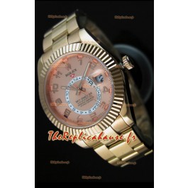 Montre en or rose 18K Rolex Sky-Dweller avec chiffres arabes sur cadran saumon