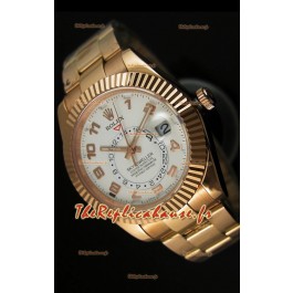 Montre en or rose 18K Rolex Sky-Dweller avec chiffres arabes sur cadran blanc