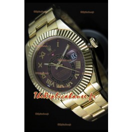 Montre en or jaune 18K Rolex Sky-Dweller avec chiffres romains sur cadran marron