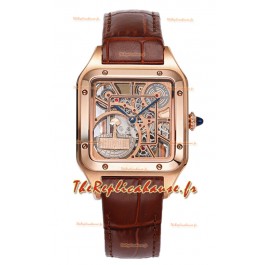 Montre Cartier Santos Dumont Squelette en or rose sur bracelet cuir marron 43.5MM