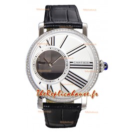 Rotonde de Cartier en acier inoxydable - bracelet cuir - réplique de montre à quartz suisse 