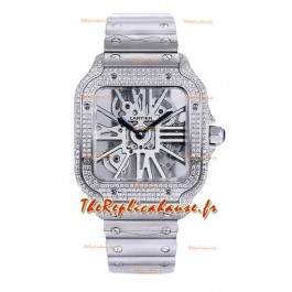 Montre Santos De Cartier en cadran squelette - lunette diamants, boîtier et bracelet acier Réplique Suisse