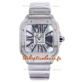 Montre Santos de Cartier en cadran squelette - lunette diamants en boîtier acier Réplique Suisse