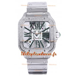 Montre Santos de Cartier cadran squelette - lunette diamants boîtier acier Réplique Suisse