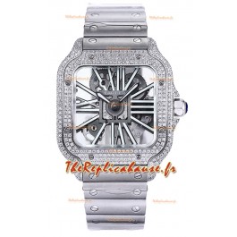 Montre Santos de Cartier en cadran squelette - lunette diamants sur boîtier acier Réplique Suisse