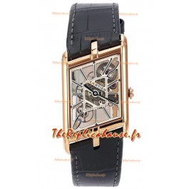 Cartier Tank Asymétrique Montre à boîtier or rose et bracelet cuir Réplique Suisse