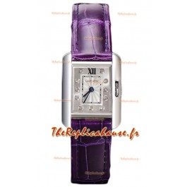 Cartier Tank Anglaise Montre en acier inoxydable avec bracelet en cuir violet Montre à quartz suisse 30MM