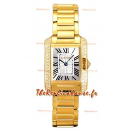 Cartier Tank Anglaise Montre en or jaune sur bracelet acier lunette diamants Montre suisse à quartz 30MM