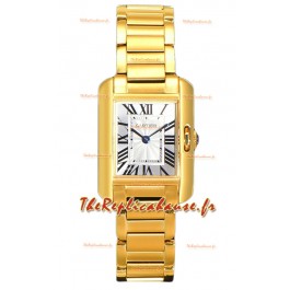 Montre Cartier Tank Anglaise en or jaune sur bracelet acier Montre suisse à quartz 30 mm
