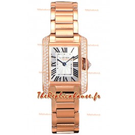Montre Cartier Tank Anglaise Or Rose sur Bracelet Acier Lunette Diamants Montre Suisse à Quartz 30MM