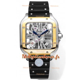Montre Santos de Cartier avec cadran squelette - lunette bicolore - bracelet caoutchouc 