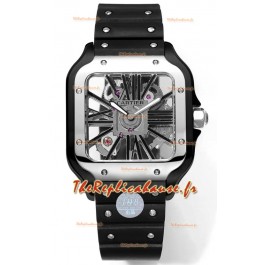 Montre Santos de Cartier avec cadran squelette - boîtier et lunette en acier revêtus de DLC - bracelet en caoutchouc