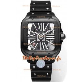 Montre Santos De Cartier en cadran squelette - Boîtier et lunette avec revêtement DLC sur bracelet caoutchouc
