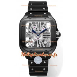 Montre Santos de Cartier avec cadran squelette - boîtier avec revêtement DLC - bracelet caoutchouc