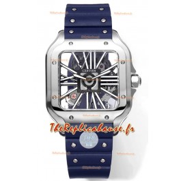Montre Santos de Cartier avec cadran squelette - Boîtier en acier inoxydable - Bracelet en caoutchouc bleu
