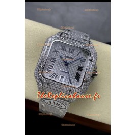 Cartier "Santos De Cartier" 904L Acier Diamants Cadran Romain Réplique miroir 1:1 - 40MM - Diamants Véritables