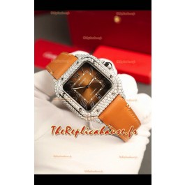 Montre Santos De Cartier avec cadran marron 39.50MM Lunette pavée MOSSANITES Réplique Suisse