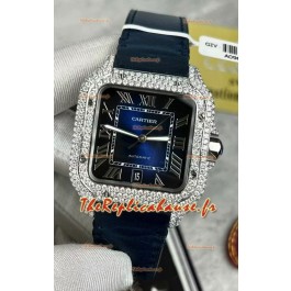 Montre Santos De Cartier avec cadran bleu et lunette pavée MOSSANITES 39.50MM Réplique Montre Suisse