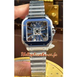 Montre Santos De Cartier Super Clone avec cadran squelette et boîtier en acier brossé
