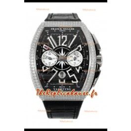 Franck Muller Vanguard V45 Chronographe 904L Acier Cadran Noir avec Diamants Montre Suisse