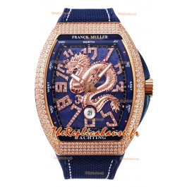 Franck Muller Vanguard Yachting Dragon V45 Cadran Bleu et Lunette Or Diamants Réplique Suisse