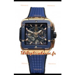 Hublot Square Bang Unico Montre chronographe en or rose et céramique bleue réplique 1:1